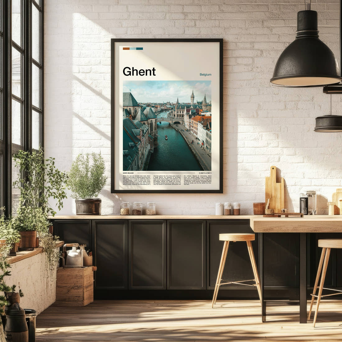 Ghent Canal From Above Travel Print framed on the wall of a bright kitchen and dining space