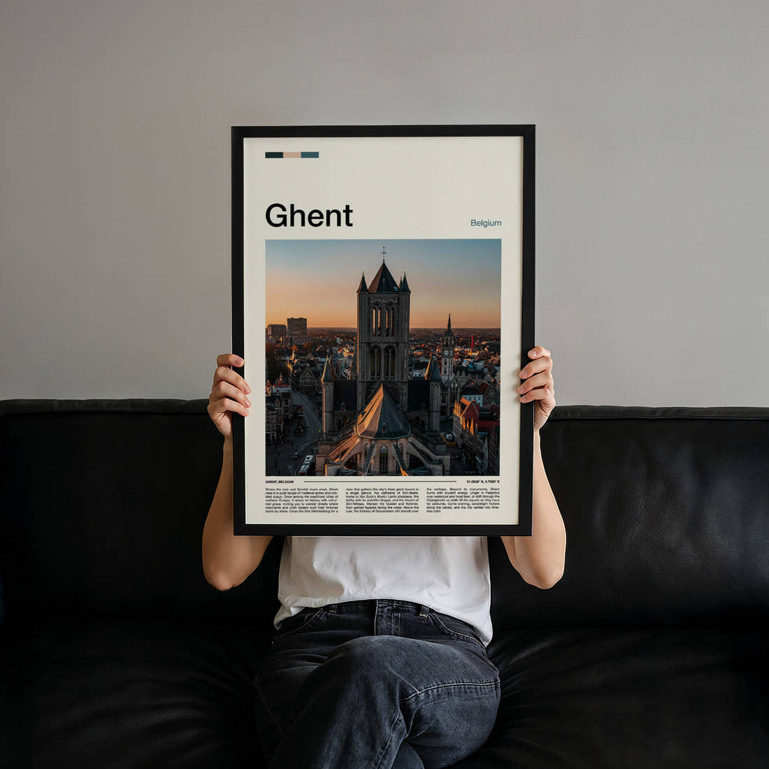 Ghent Gothic Tower Skyline Travel Print held up by hand to show the size of the print