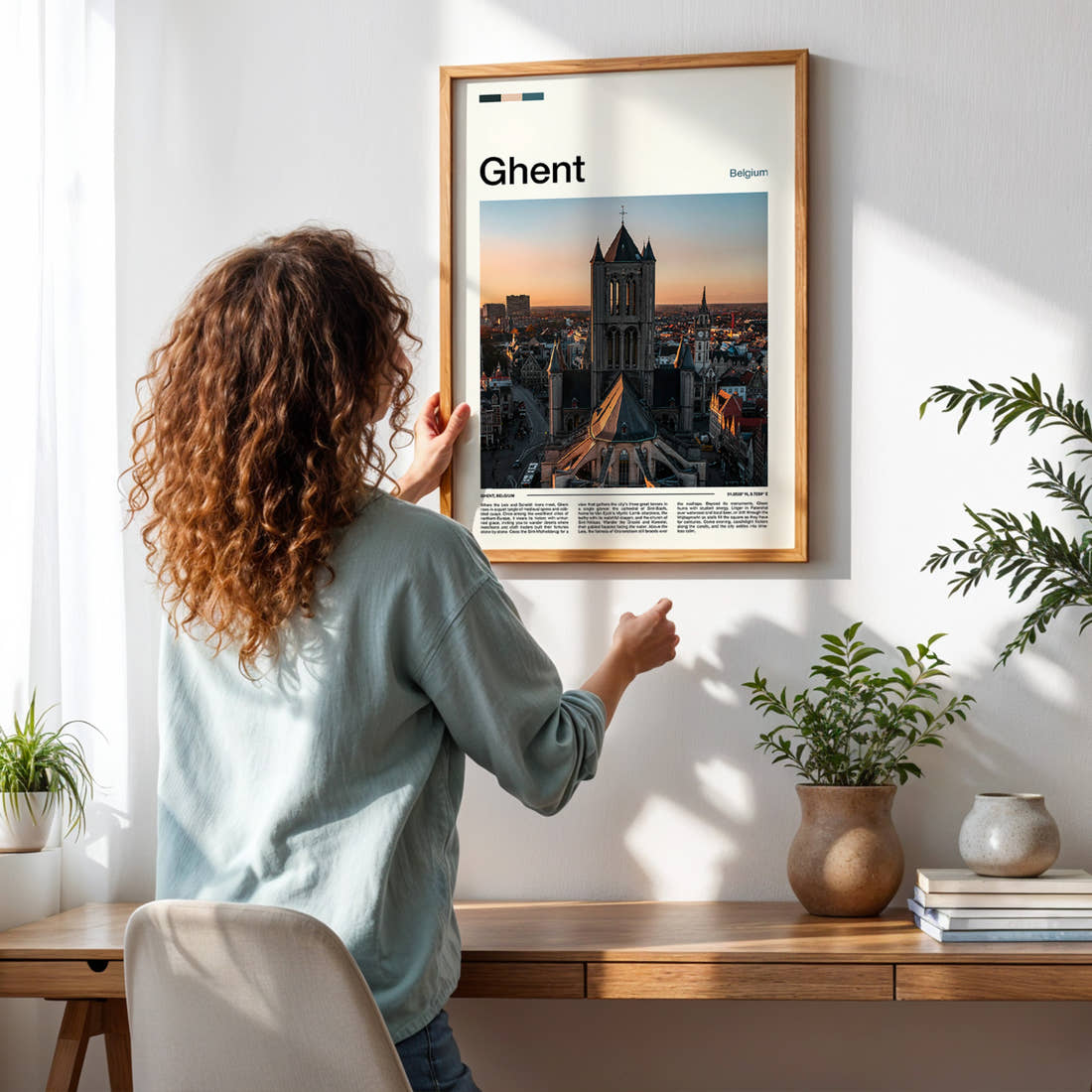 Ghent Gothic Tower Skyline Travel Print framed on a pale wall beside houseplants