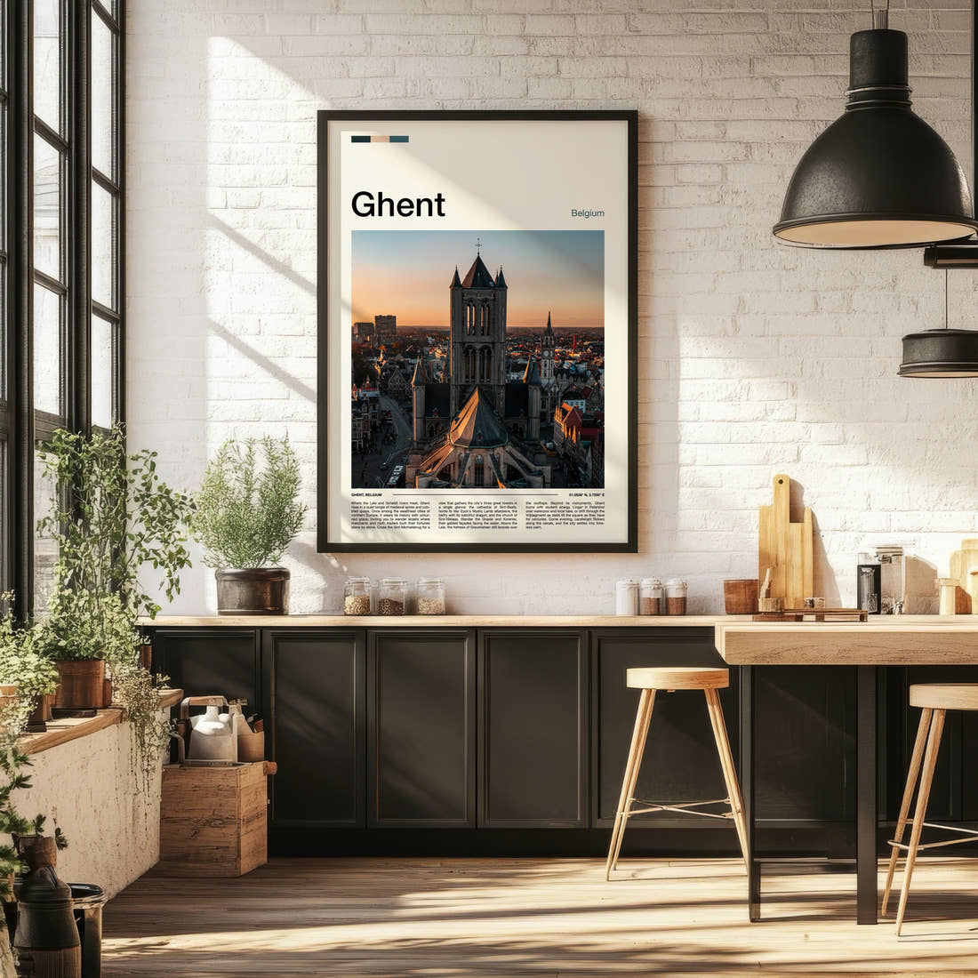 Ghent Gothic Tower Skyline Travel Print framed on the wall of a bright kitchen and dining space