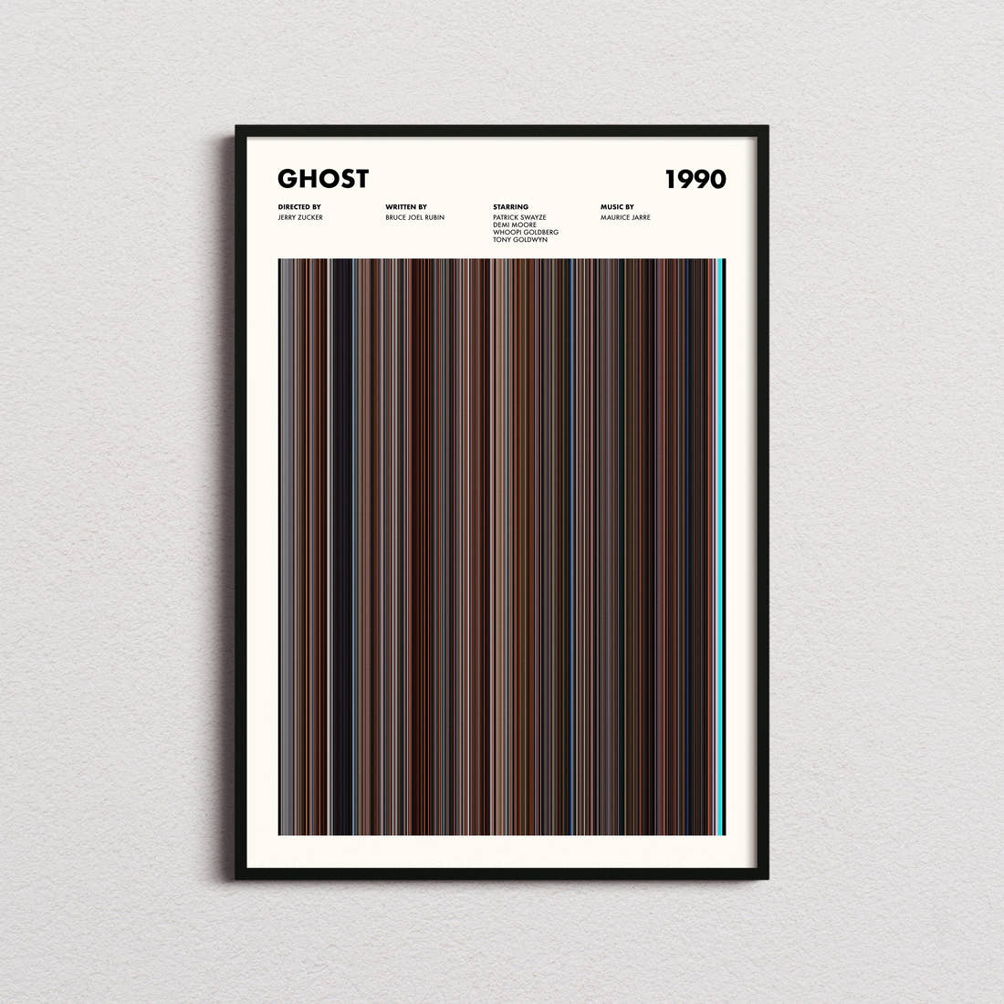 Ghost Movie Barcode Poster framed on a plain studio wall