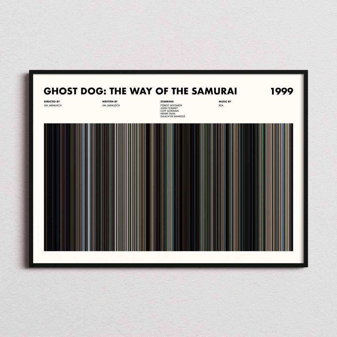 Ghost Dog: The Way of the Samurai Movie Barcode Poster framed and photographed straight on