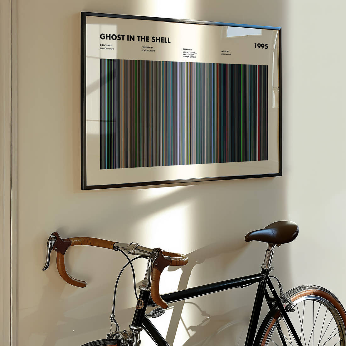 Ghost In The Shell 1995 Movie Barcode Poster framed on the wall of a styled room setting
