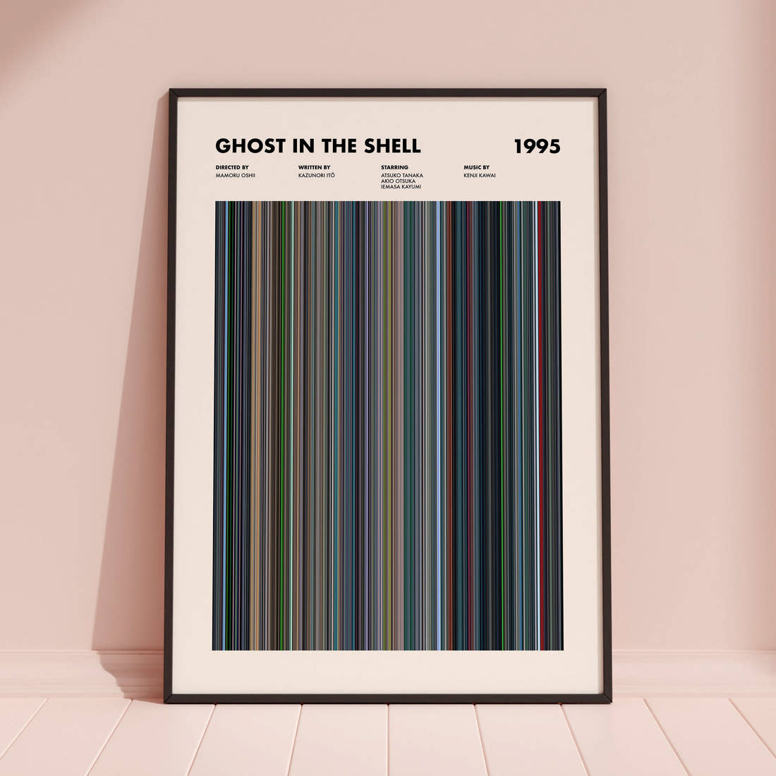 Ghost In The Shell 1995 Movie Barcode Poster framed and leaning against a coloured wall
