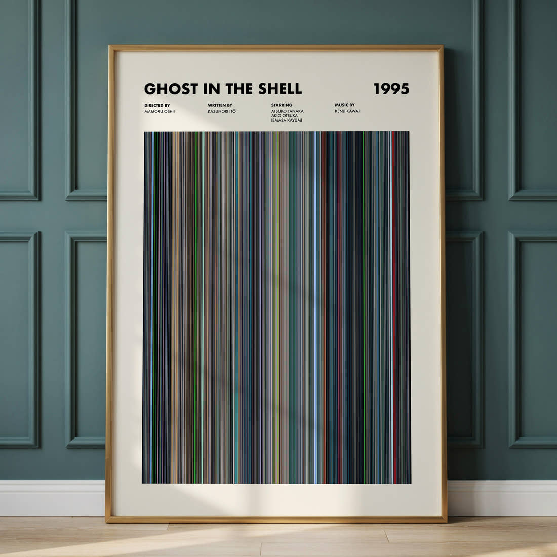 Ghost In The Shell 1995 Movie Barcode Poster framed and leaning against a panelled wall