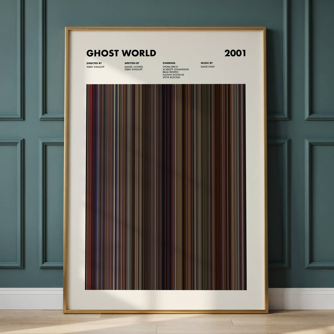 Ghost World Movie Barcode Poster framed and leaning against a panelled wall