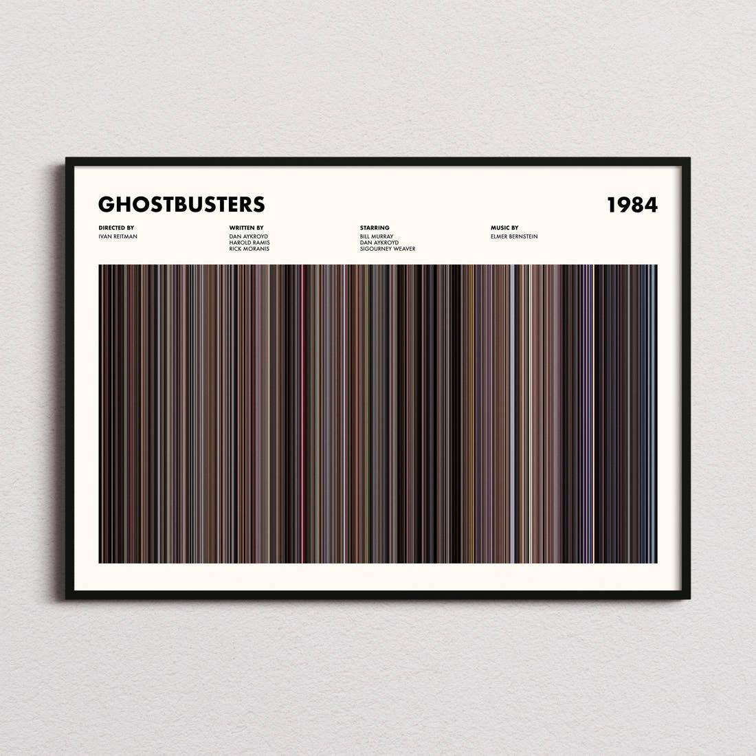 Ghostbusters Movie Barcode Poster framed and photographed straight on