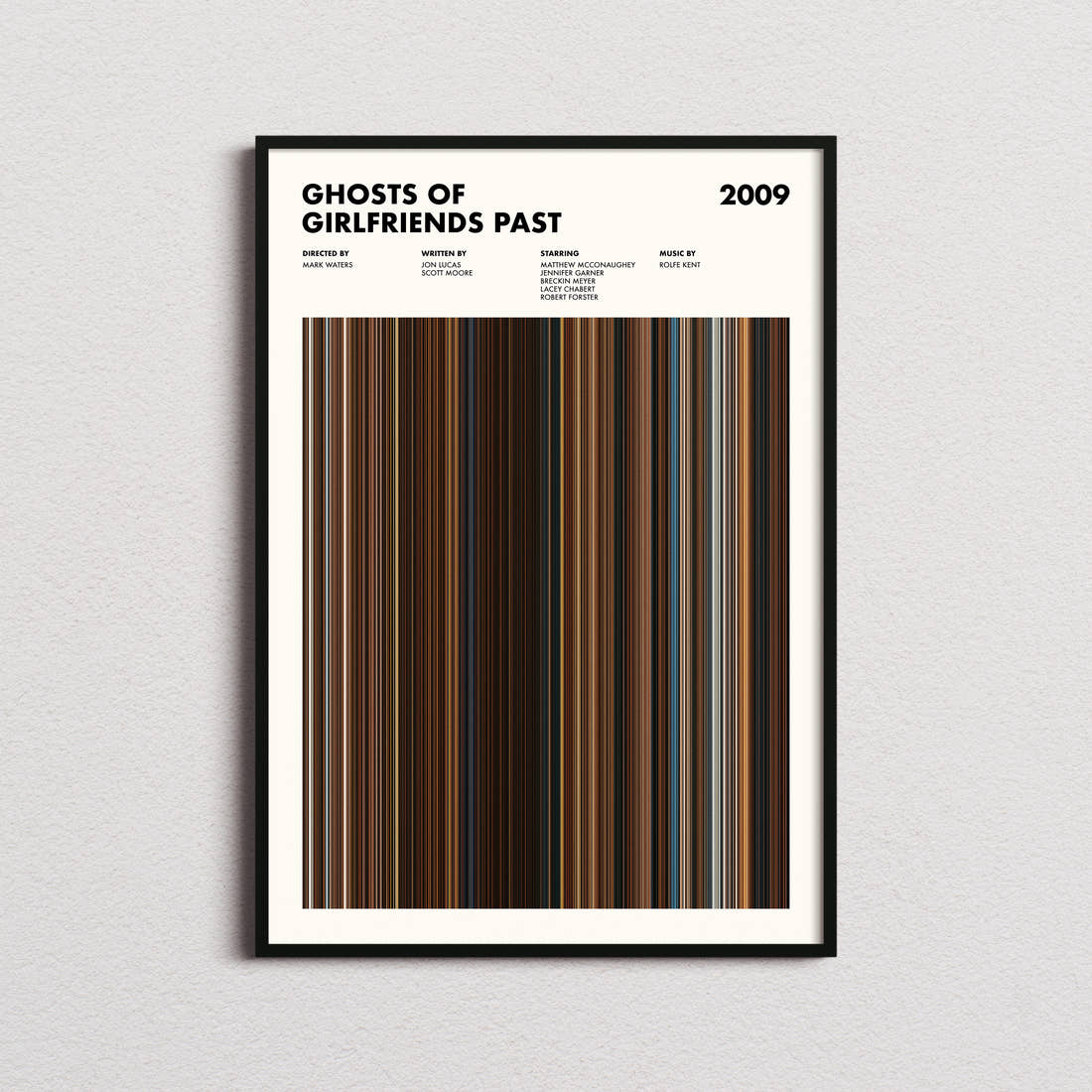 Ghosts of Girlfriends Past Movie Barcode Poster framed on a plain studio wall