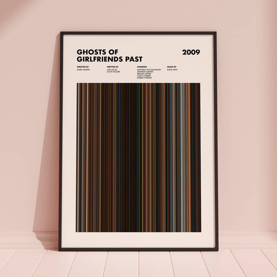 Ghosts of Girlfriends Past Movie Barcode Poster framed and leaning against a coloured wall