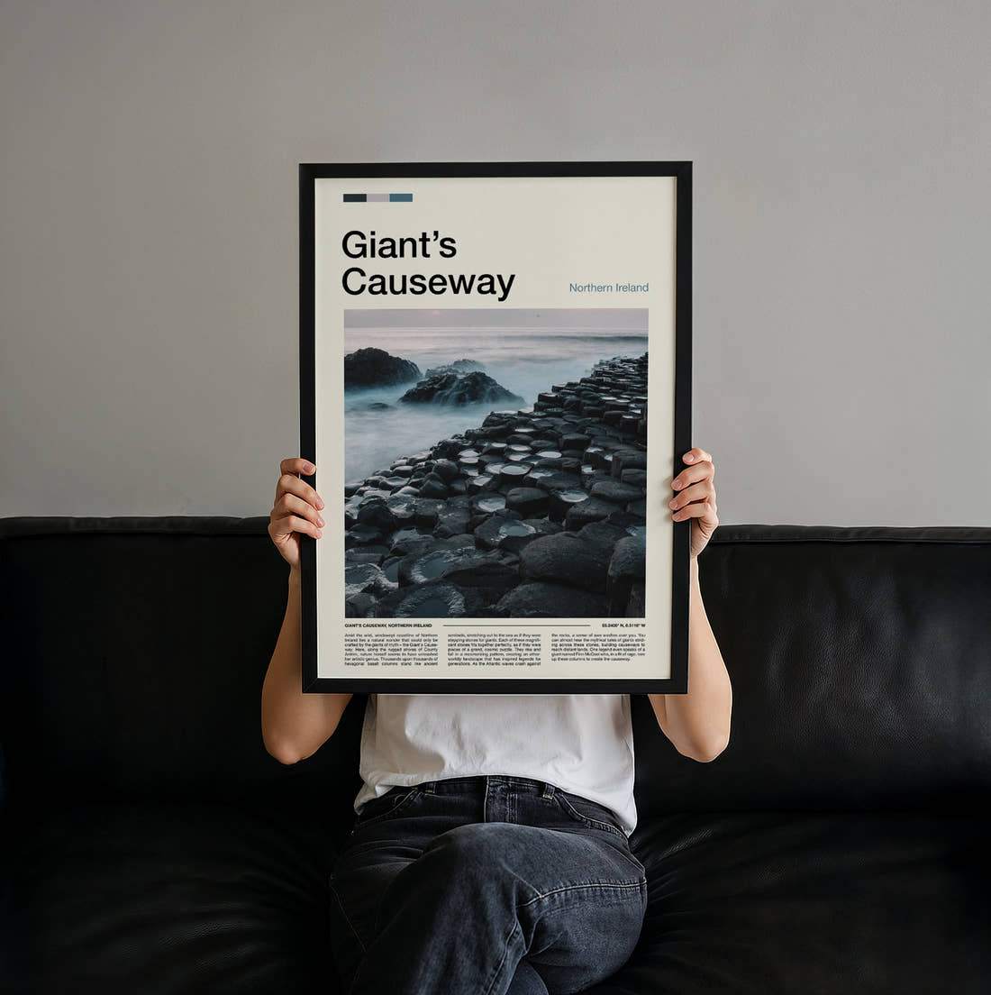 Giant's Causeway Basalt Columns Travel Print held up by hand to show the size of the print