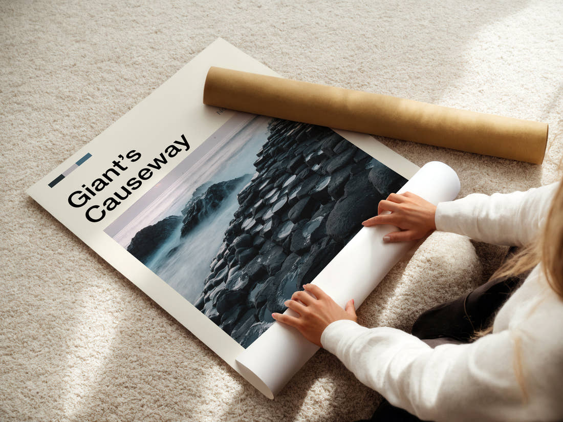 Giant's Causeway Basalt Columns Travel Print being unrolled from its postal tube