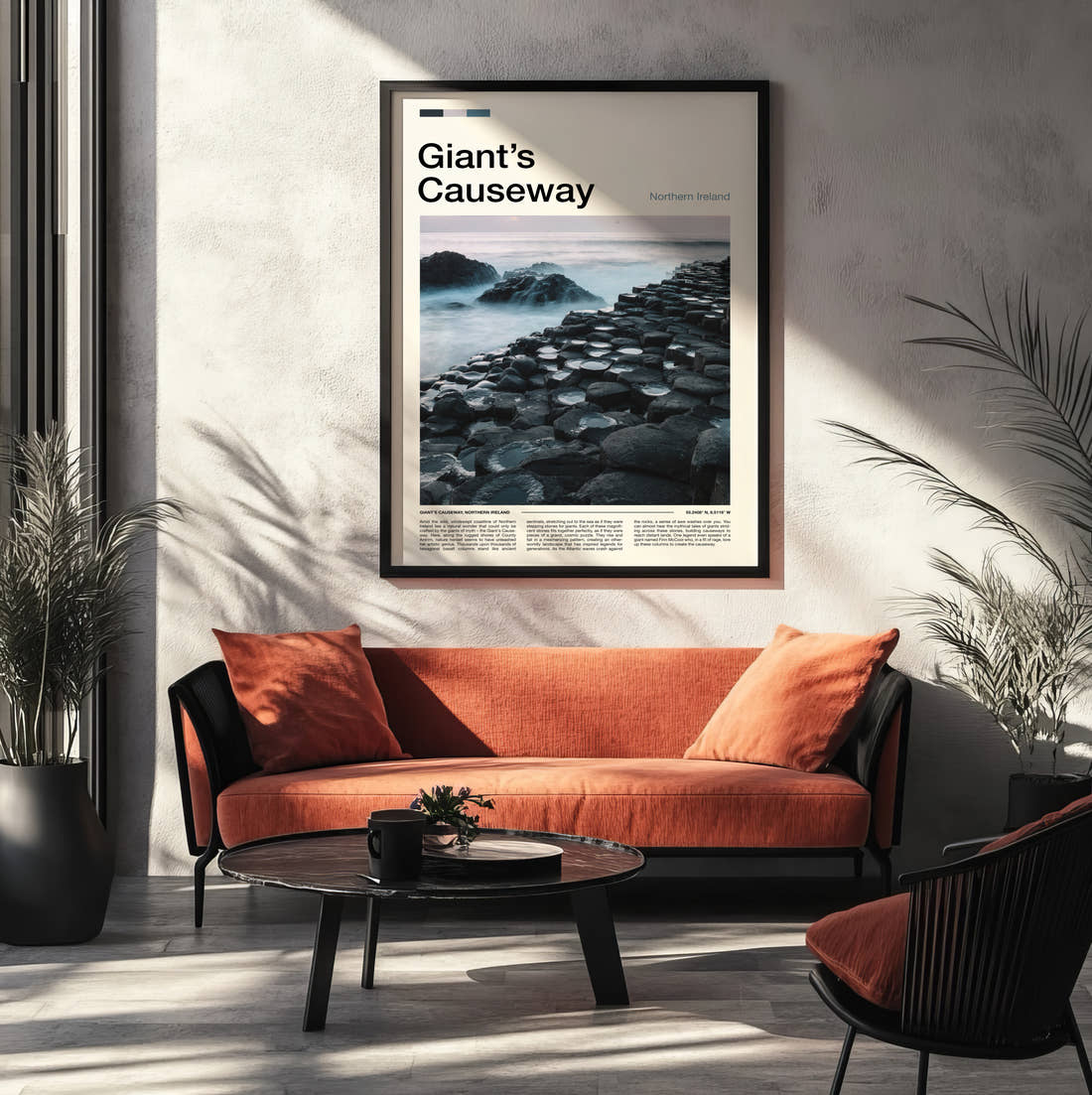 Giant's Causeway Basalt Columns Travel Print framed on the wall of a modern living room