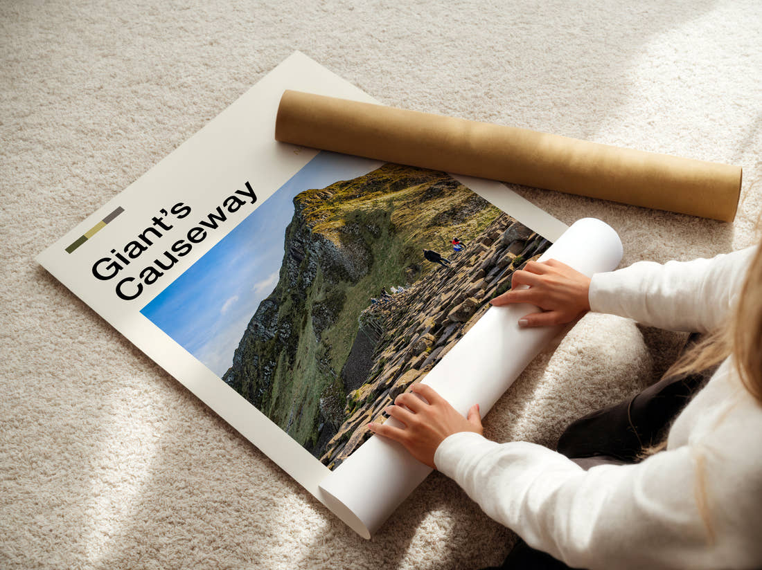 Giant's Causeway Rocky Cliff Path Travel Print being unrolled from its postal tube