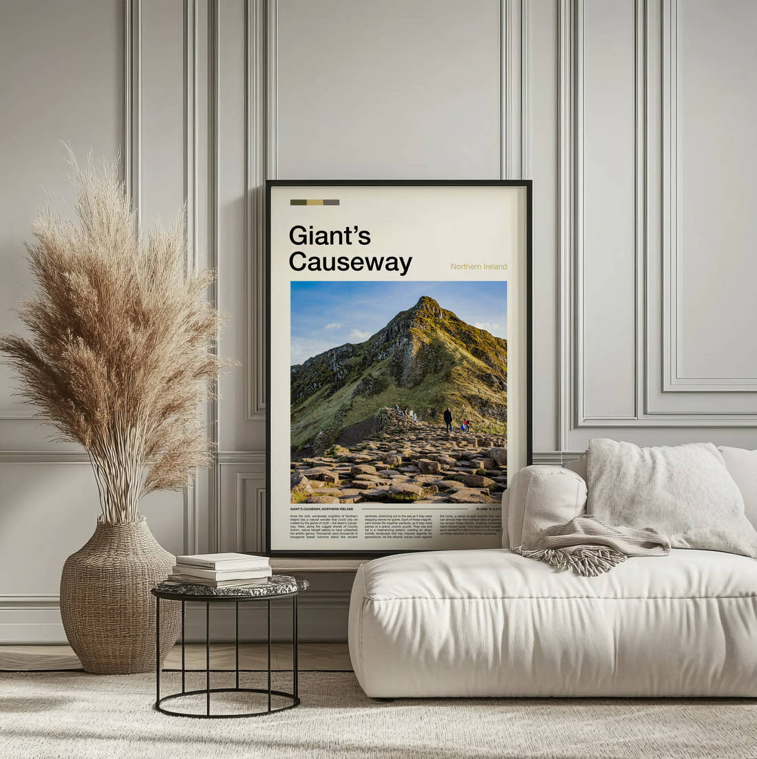 Giant's Causeway Rocky Cliff Path Travel Print framed on the wall of a calm, neutral bedroom