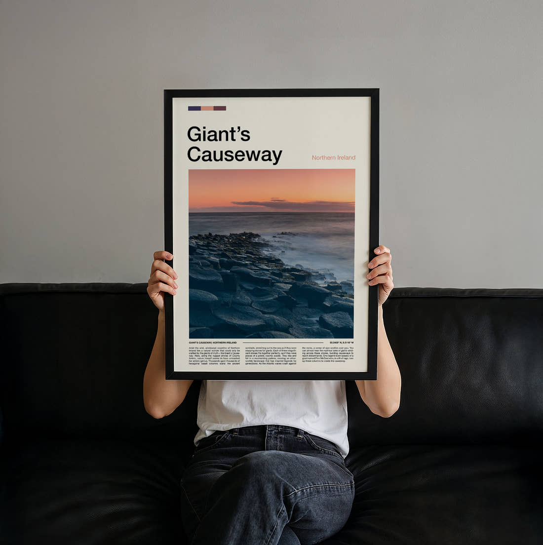 Giant's Causeway Basalt Columns At Sunset Travel Print held up by hand to show the size of the print