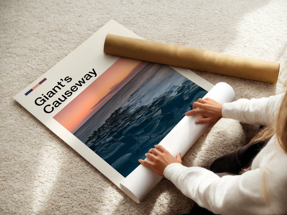 Giant's Causeway Basalt Columns At Sunset Travel Print being unrolled from its postal tube