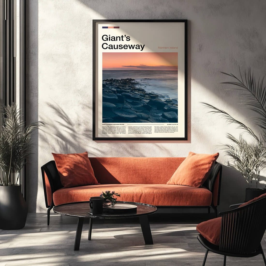 Giant's Causeway Basalt Columns At Sunset Travel Print framed on the wall of a modern living room