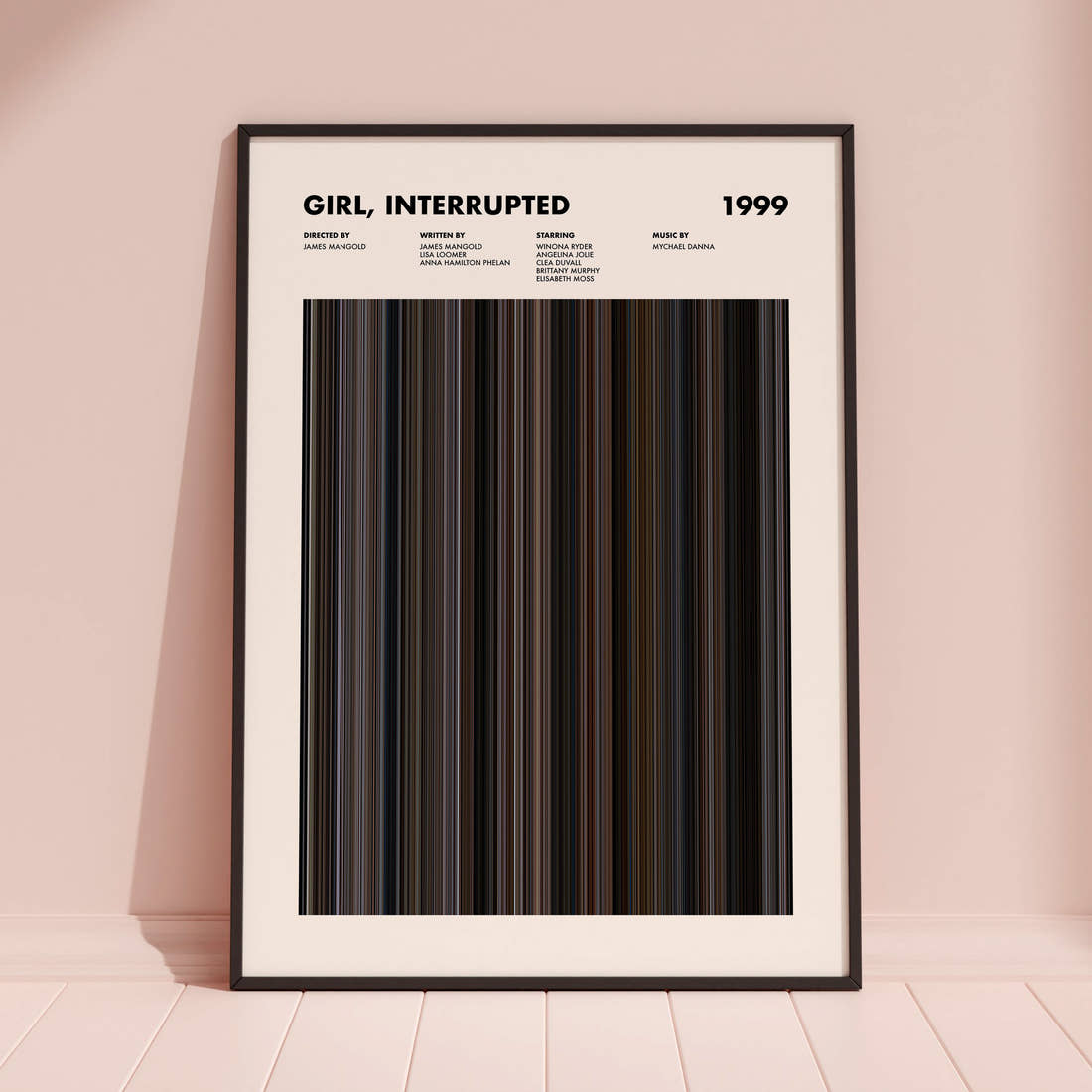 Girl, Interrupted Movie Barcode Poster framed and leaning against a coloured wall