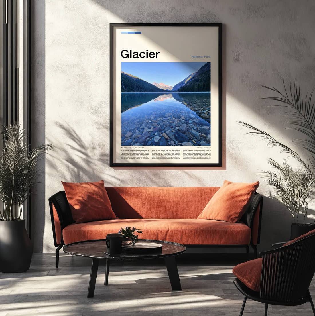 Glacier Clear Lake And Pebbles Travel Print framed on the wall of a modern living room