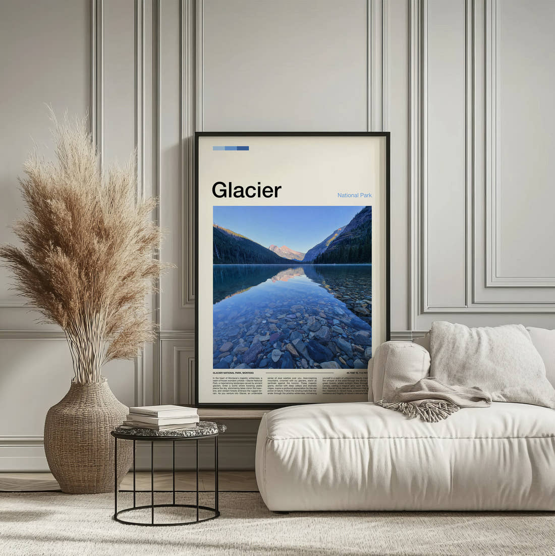 Glacier Clear Lake And Pebbles Travel Print framed on the wall of a calm, neutral bedroom