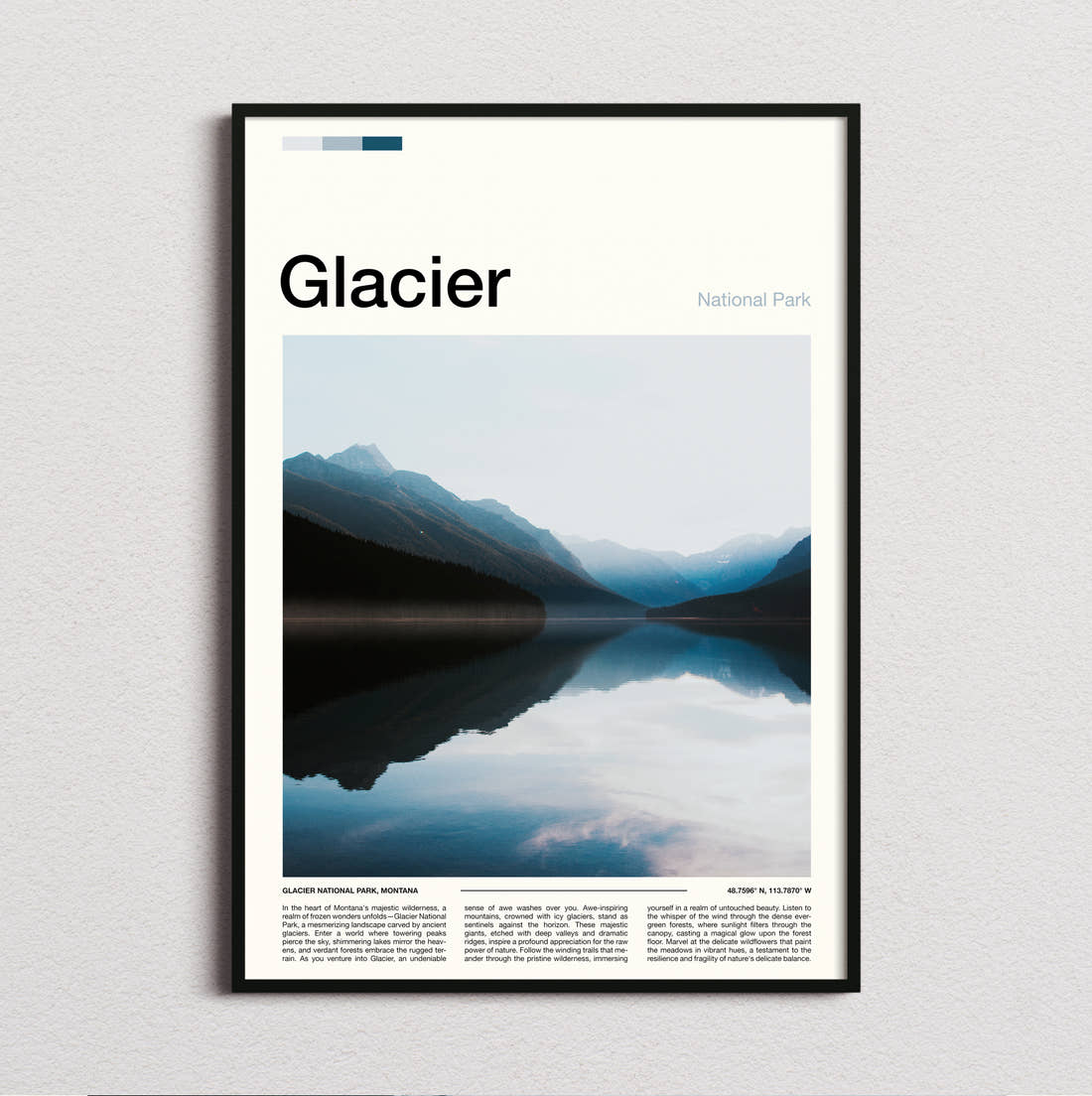Glacier Mountain Lake Reflection Travel Print framed and photographed straight on