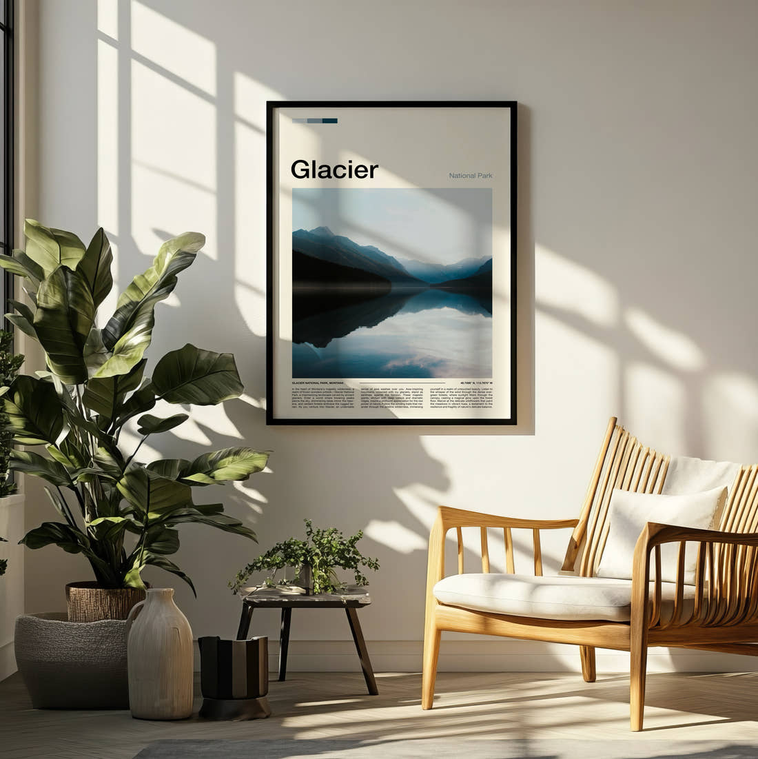Glacier Mountain Lake Reflection Travel Print framed on a pale wall beside houseplants