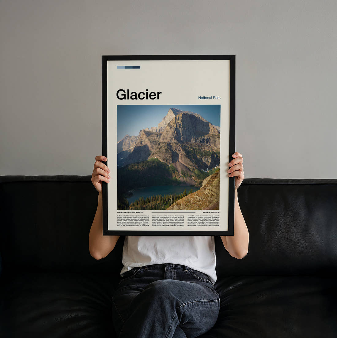 Glacier Mountain Peak Above The Lake Travel Print held up by hand to show the size of the print