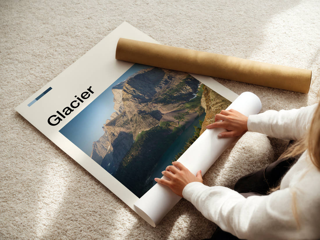 Glacier Mountain Peak Above The Lake Travel Print being unrolled from its postal tube