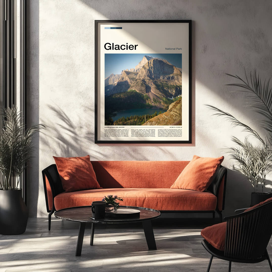 Glacier Mountain Peak Above The Lake Travel Print framed on the wall of a modern living room