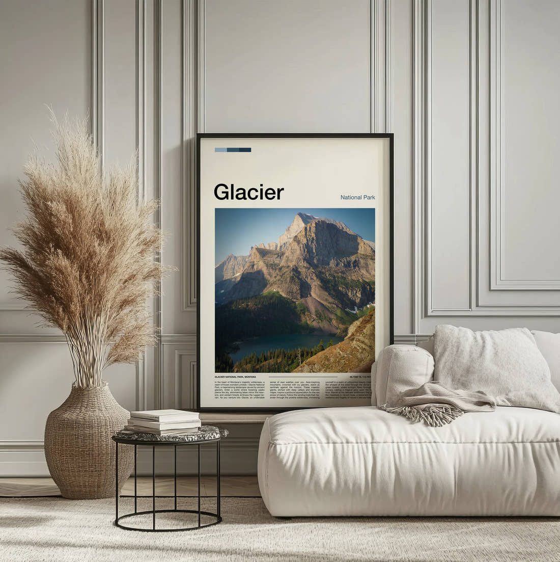Glacier Mountain Peak Above The Lake Travel Print framed on the wall of a calm, neutral bedroom