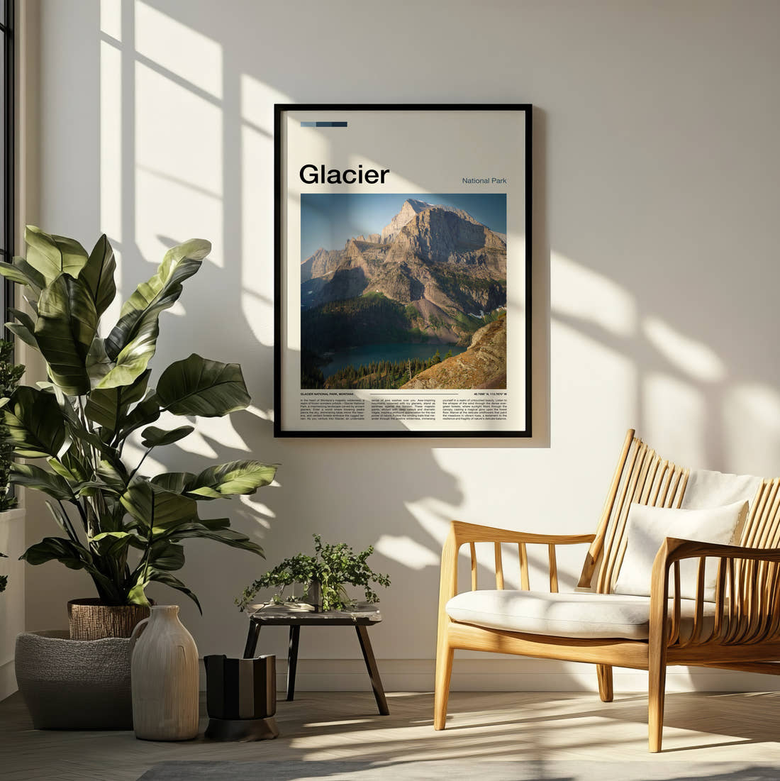 Glacier Mountain Peak Above The Lake Travel Print framed on a pale wall beside houseplants