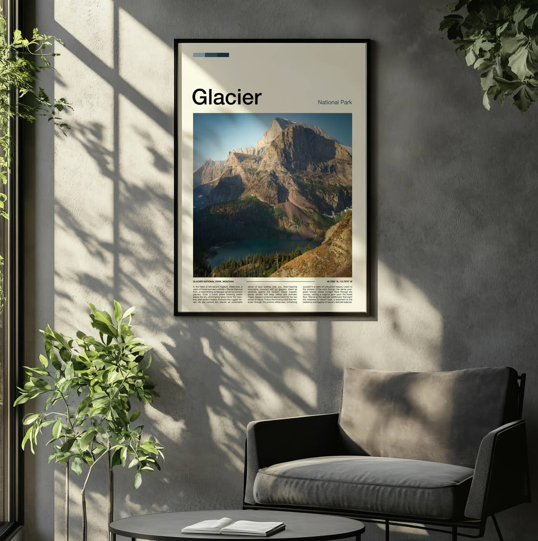 Glacier Mountain Peak Above The Lake Travel Print framed on the wall of a relaxed living room