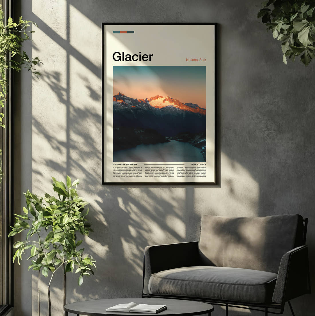 Glacier Sunlit Mountain Ridge Travel Print framed on the wall of a relaxed living room