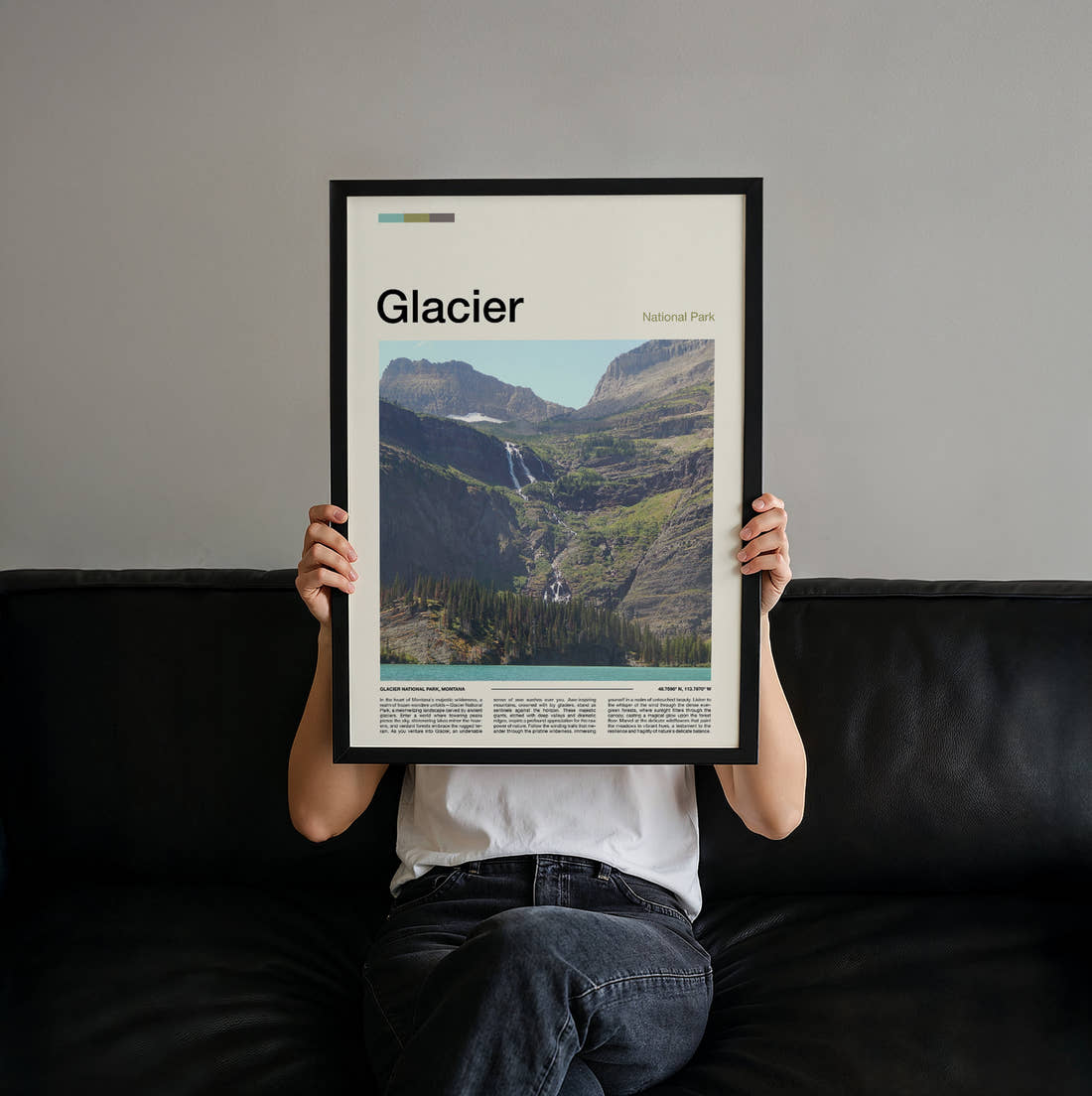 Glacier Waterfalls In The Valley Travel Print held up by hand to show the size of the print
