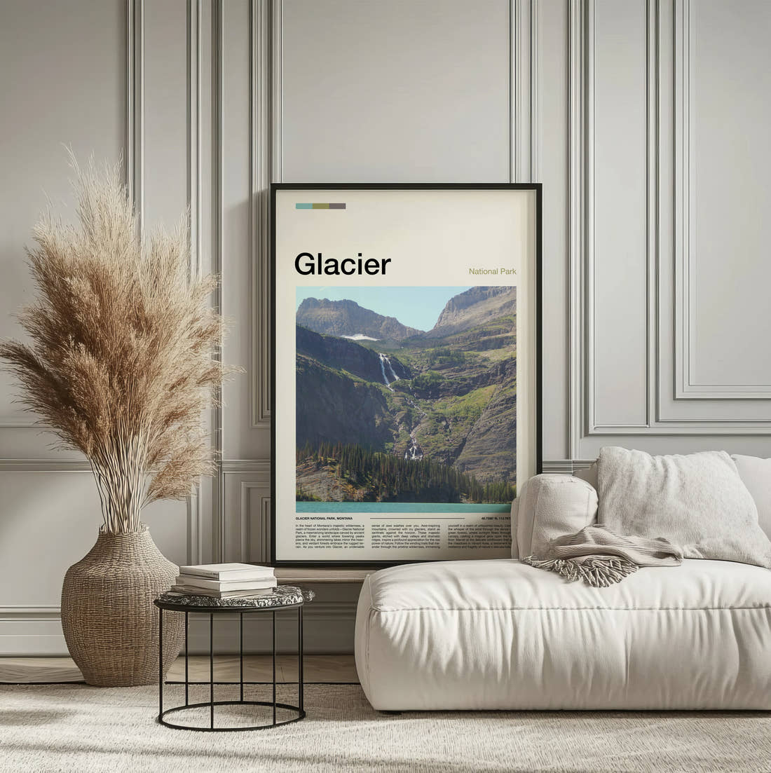 Glacier Waterfalls In The Valley Travel Print framed on the wall of a calm, neutral bedroom