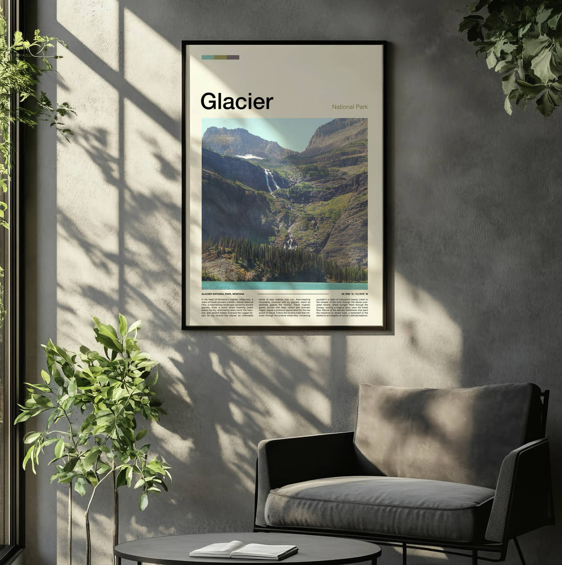 Glacier Waterfalls In The Valley Travel Print framed on the wall of a relaxed living room