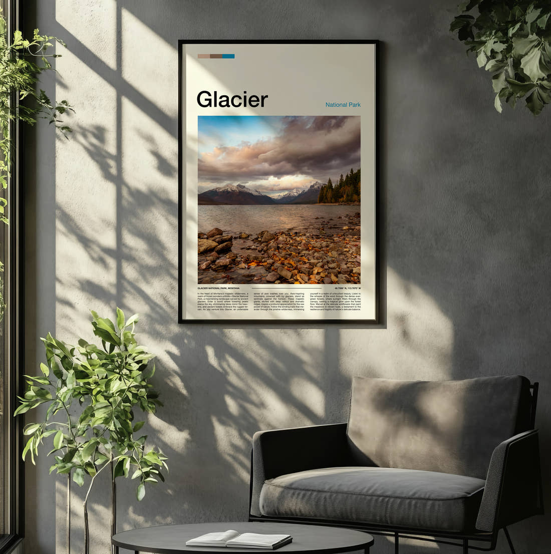 Glacier Pebble Shore By The Lake Travel Print framed on the wall of a relaxed living room