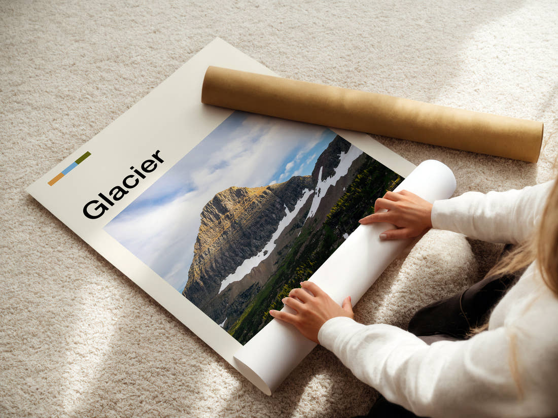 Glacier Rocky Mountain Peak Travel Print being unrolled from its postal tube