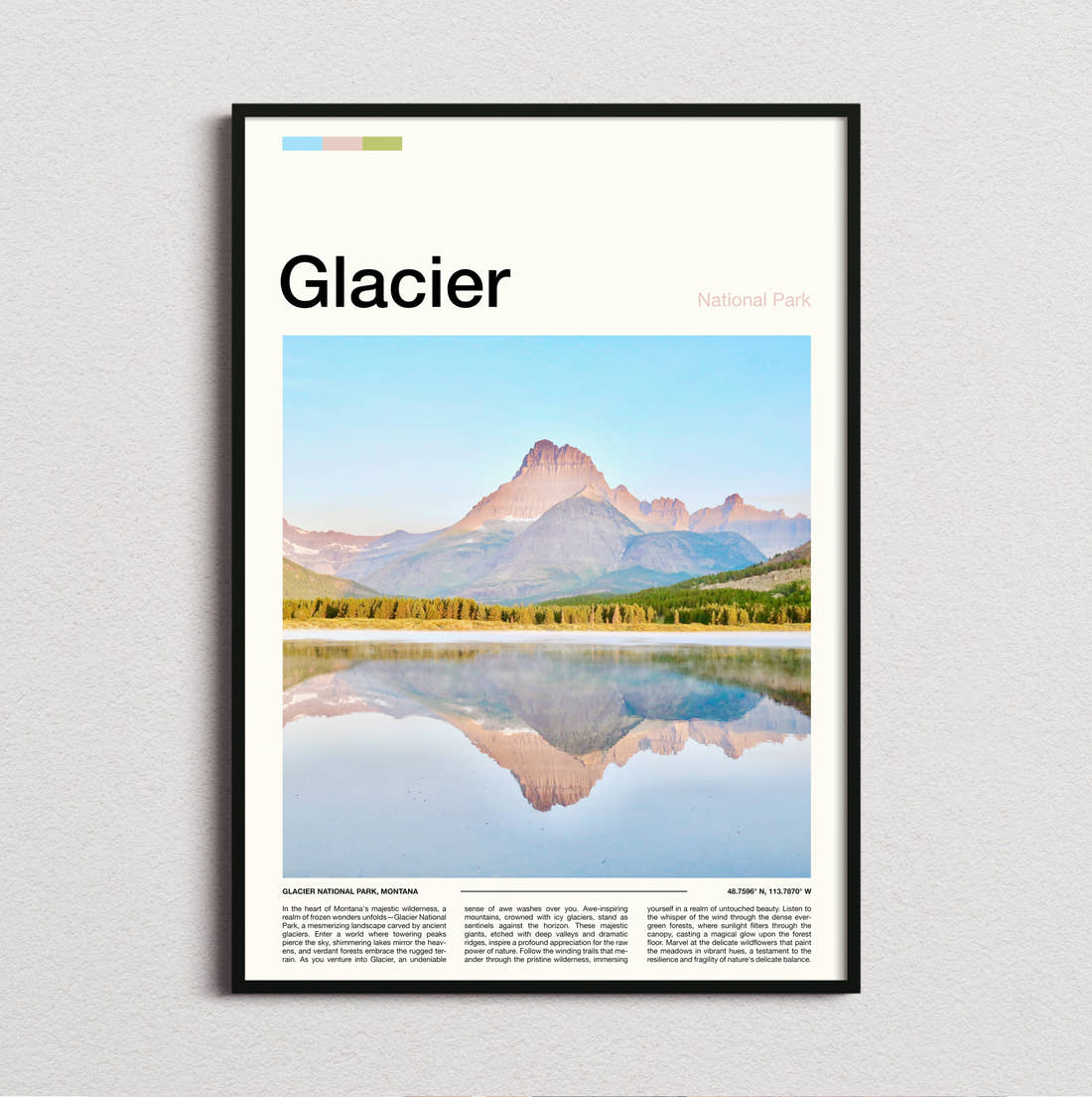 Glacier Mountain Reflected In The Lake Travel Print framed and photographed straight on