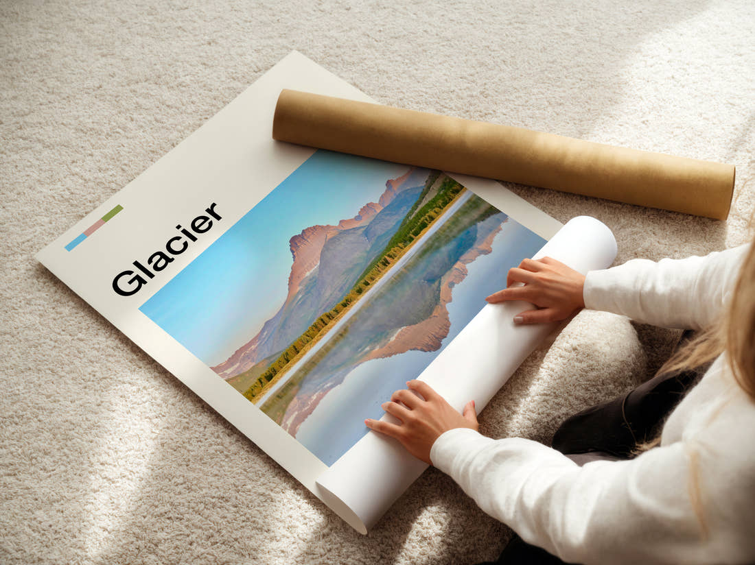 Glacier Mountain Reflected In The Lake Travel Print being unrolled from its postal tube