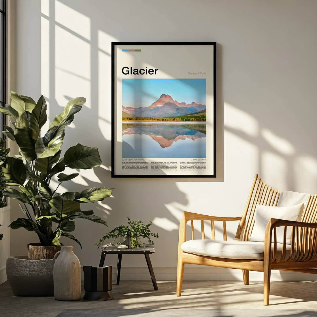 Glacier Mountain Reflected In The Lake Travel Print framed on a pale wall beside houseplants