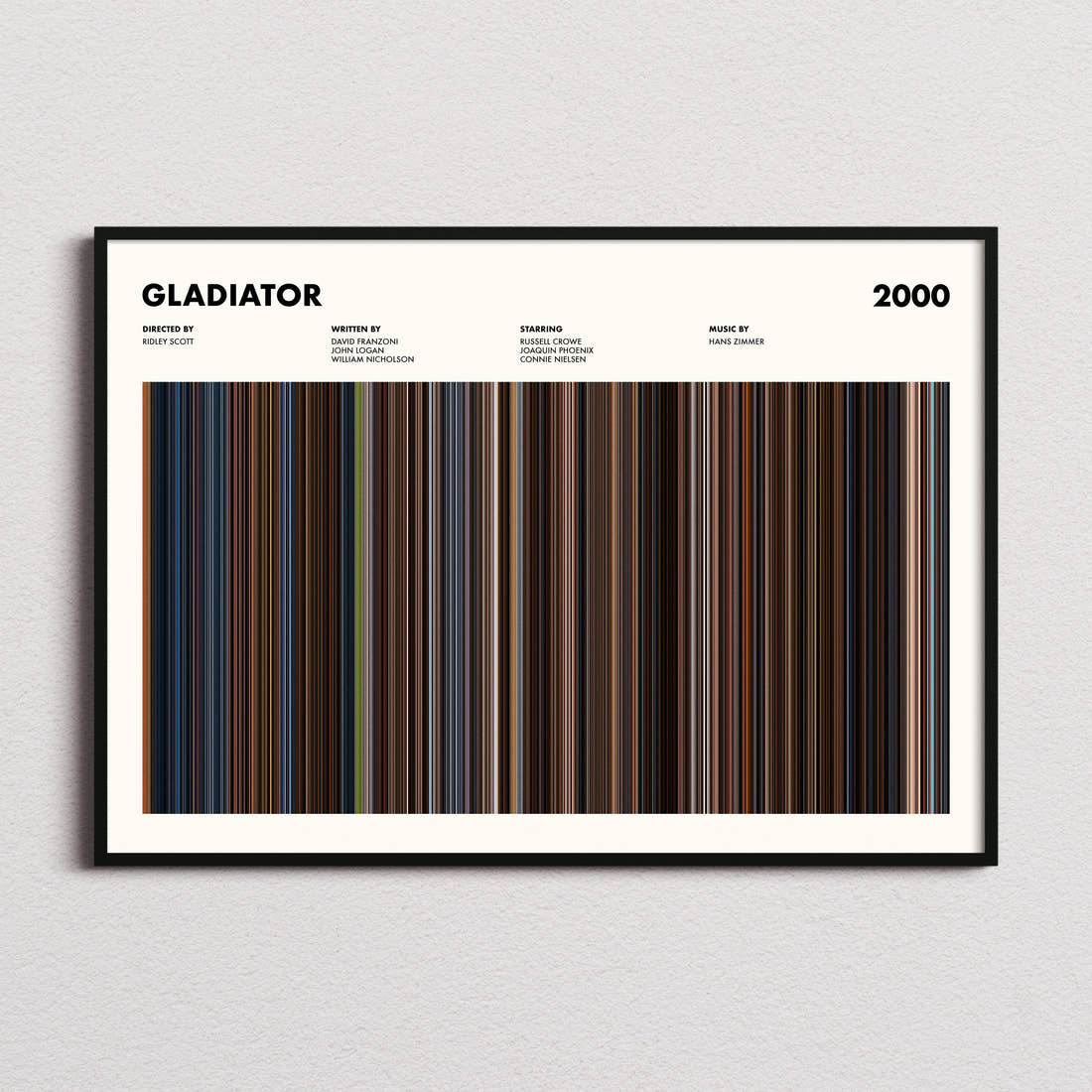 Gladiator Movie Barcode Poster framed and photographed straight on