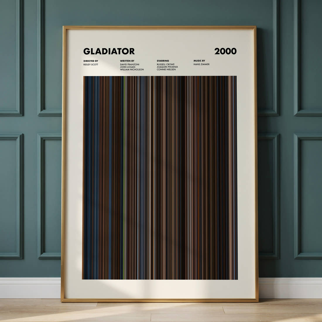 Gladiator Movie Barcode Poster framed and leaning against a panelled wall