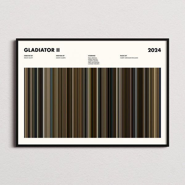Gladiator 2 Movie Barcode Poster framed and photographed straight on