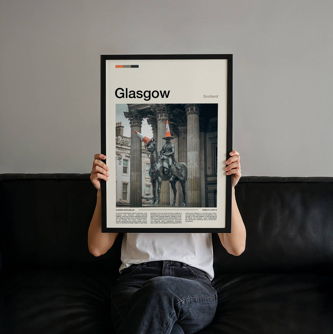 Glasgow Duke Of Wellington Statue Travel Print held up by hand to show the size of the print