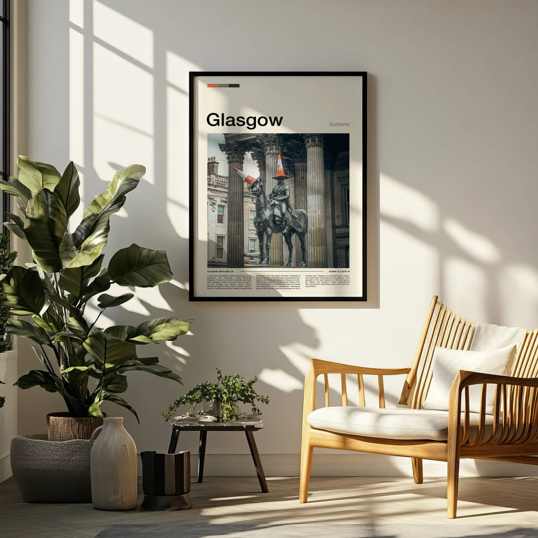 Glasgow Duke Of Wellington Statue Travel Print framed on a pale wall beside houseplants