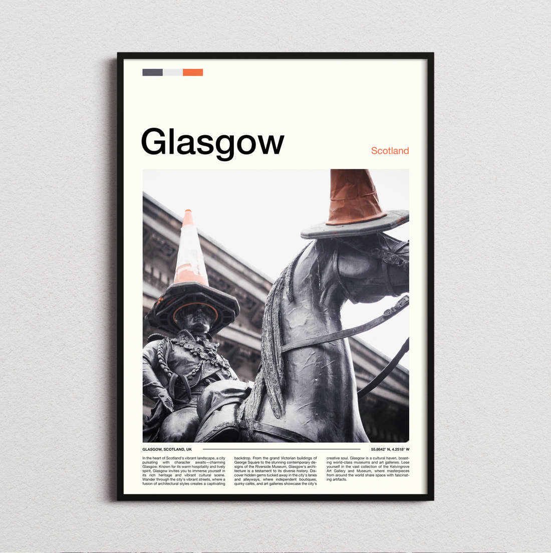 Glasgow Statue With Traffic Cone Travel Print framed and photographed straight on
