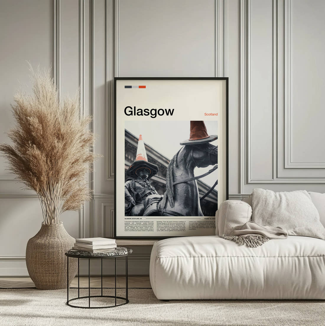 Glasgow Statue With Traffic Cone Travel Print framed on the wall of a calm, neutral bedroom