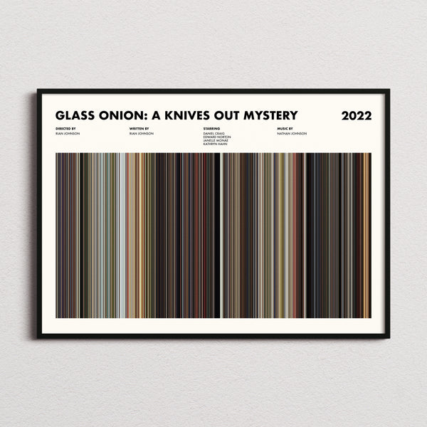 Glass Onion: A Knives Out Mystery Movie Barcode Poster framed and photographed straight on