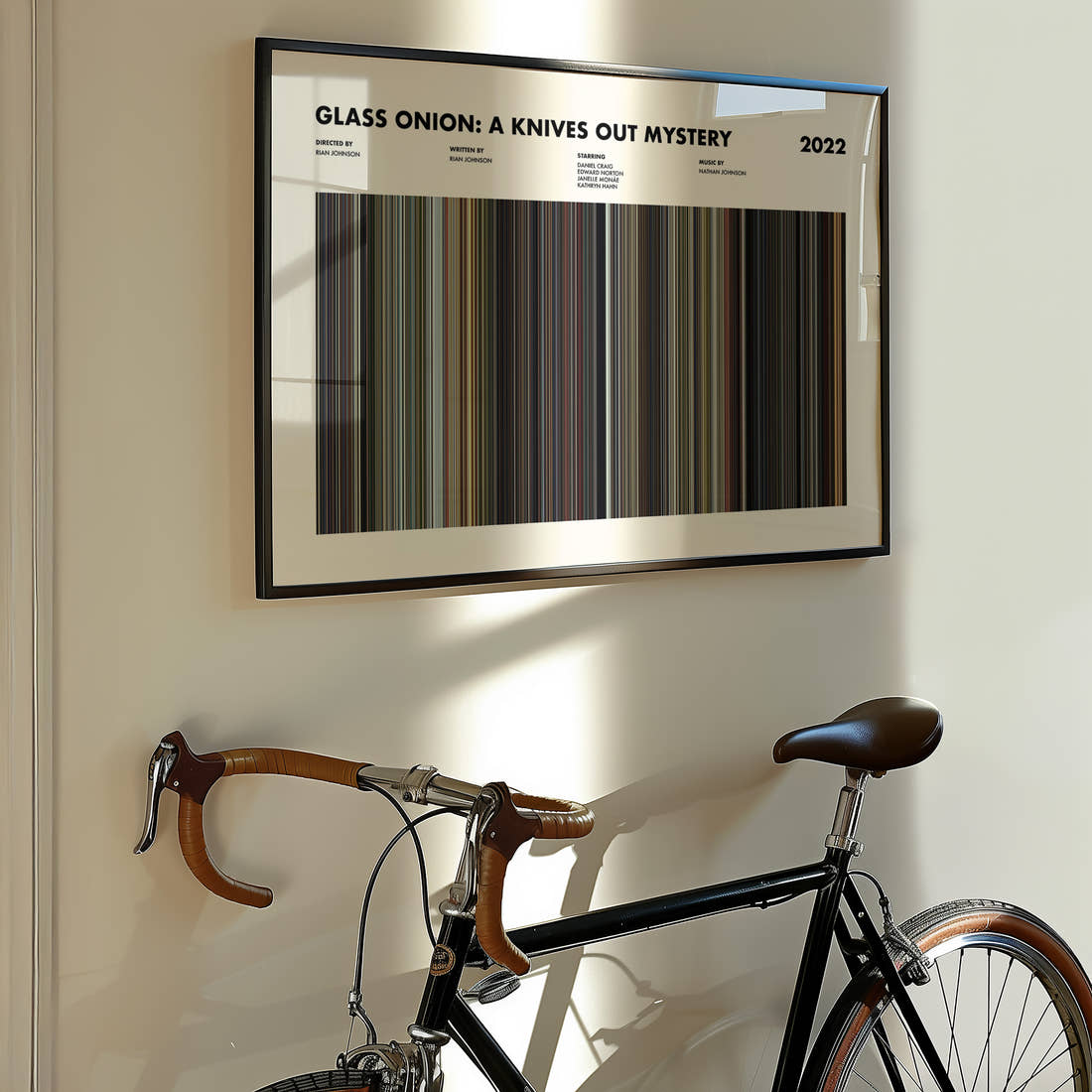 Glass Onion: A Knives Out Mystery Movie Barcode Poster framed on the wall of a styled room setting